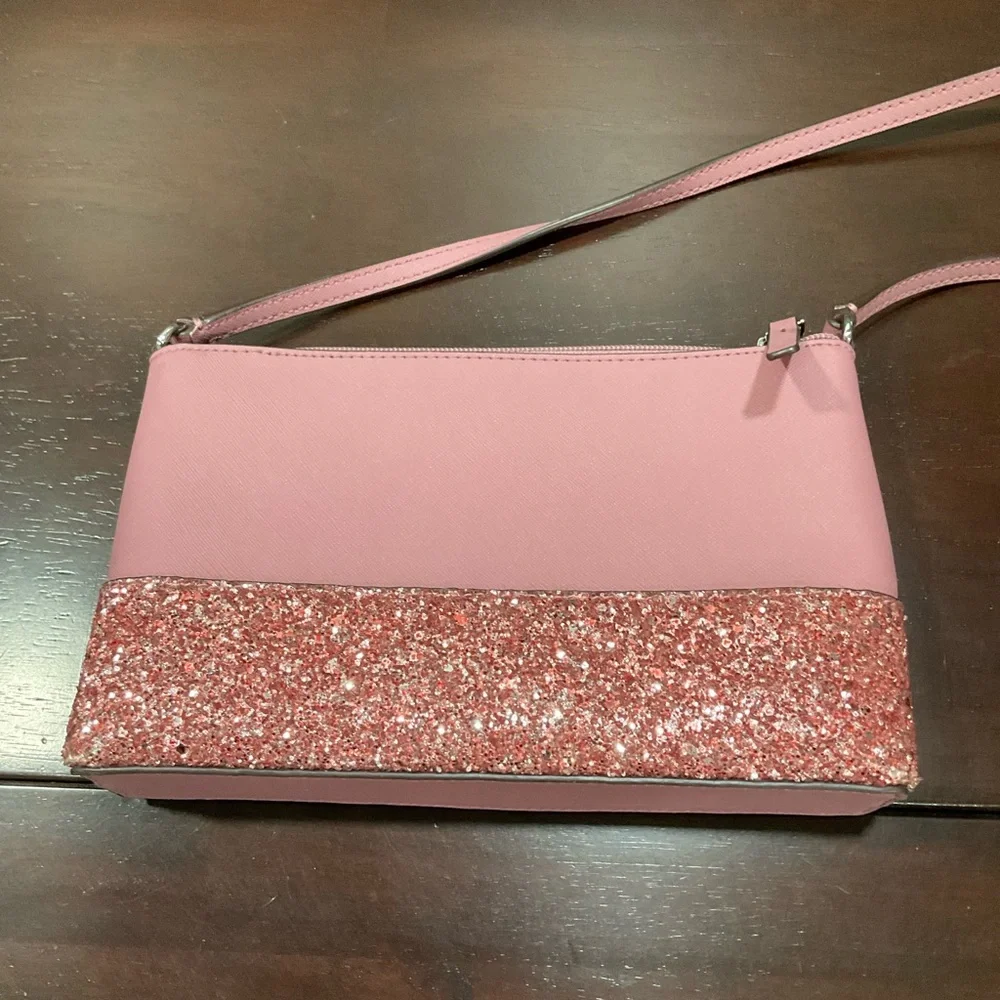 KATE SPADE NY RAMEY GRETA SAFFIANO LEATHER‎ GLITTER SMALL PINK PEONY CROSSBODY